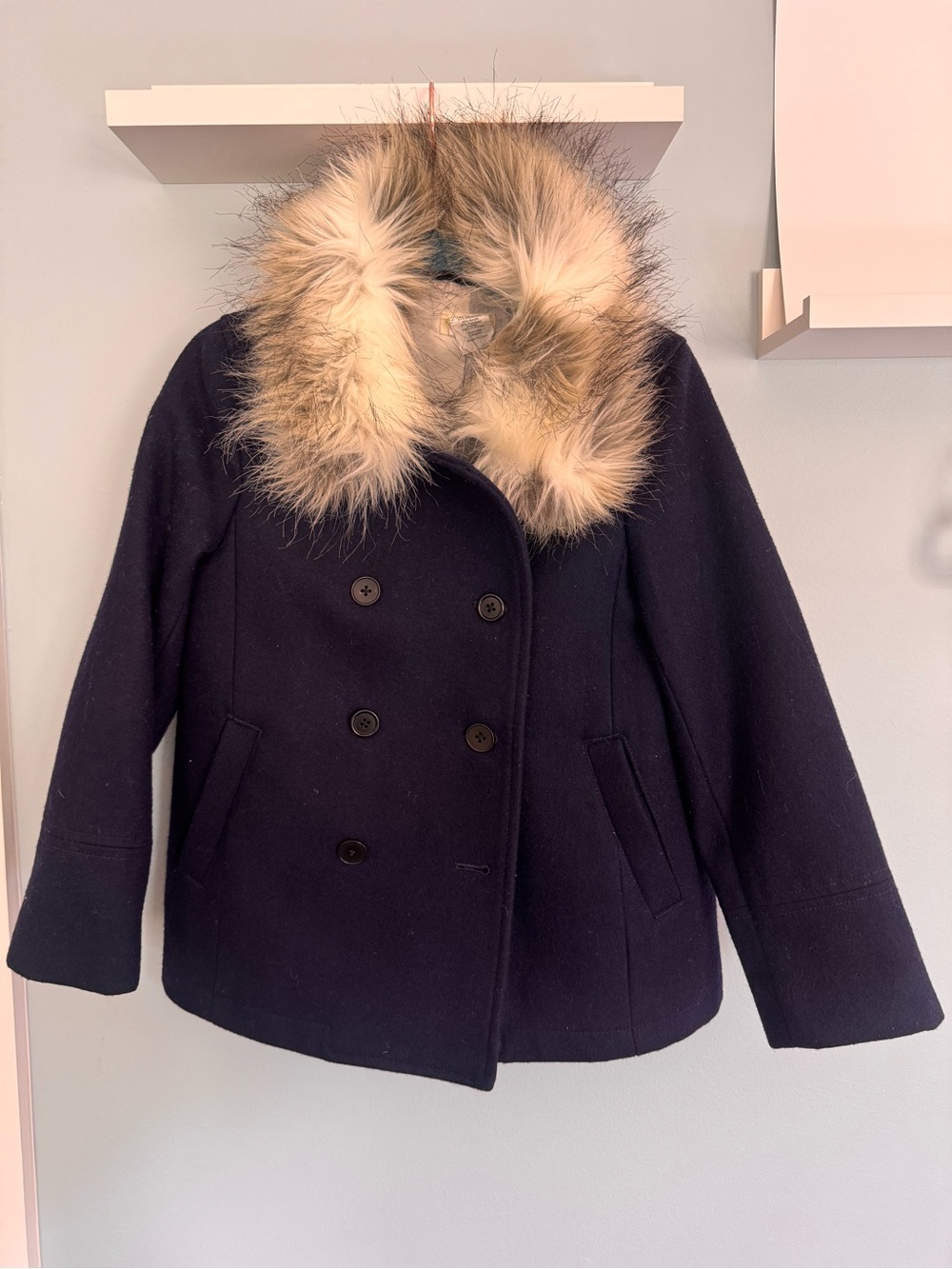 J Crew Navy Wool Peacoat with Faux Fur Trim